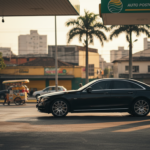 Posto de gasolina no Brasil com bomba sinalizada E32 e um carro premium sendo abastecido.
