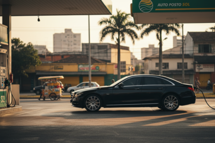 Posto de gasolina no Brasil com bomba sinalizada E32 e um carro premium sendo abastecido.