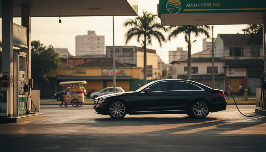 Posto de gasolina no Brasil com bomba sinalizada E32 e um carro premium sendo abastecido.