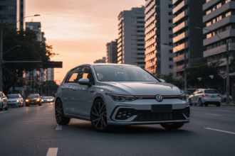 Volkswagen Golf GTI 2026 em rua brasileira com pôr do sol