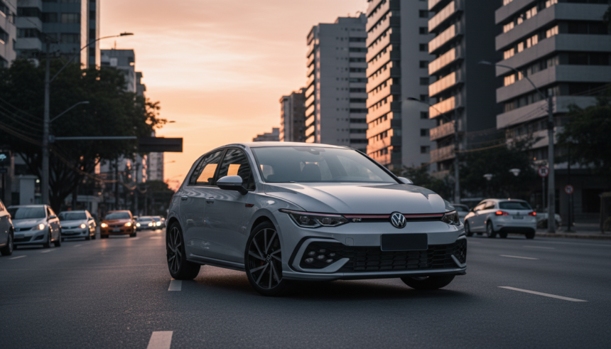 Volkswagen Golf GTI 2026 em rua brasileira com pôr do sol