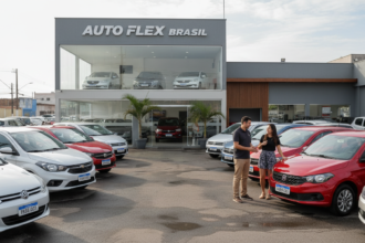Concessionária brasileira com foco em carros de entrada flex, destacando o programa de incentivo do governo.