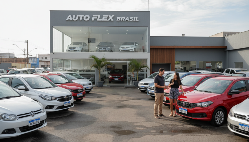 Concessionária brasileira com foco em carros de entrada flex, destacando o programa de incentivo do governo.