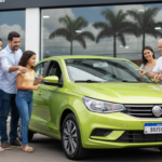 Pessoas observam carro de entrada flex em concessionária brasileira com promoção governamental.