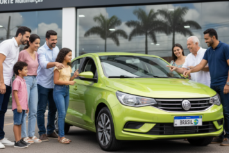 Pessoas observam carro de entrada flex em concessionária brasileira com promoção governamental.
