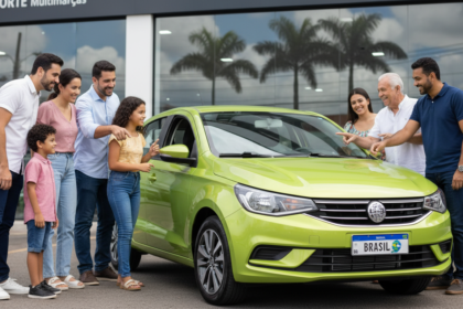 Pessoas observam carro de entrada flex em concession&aacute;ria brasileira com promo&ccedil;&atilde;o governamental.