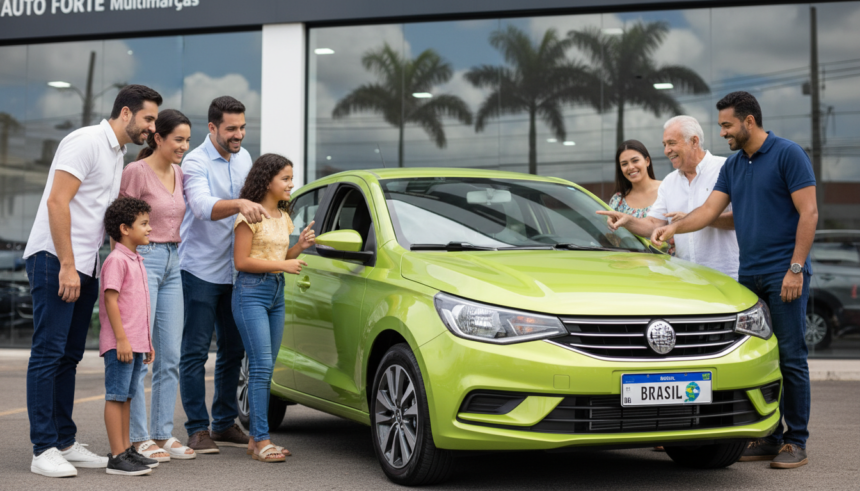 Pessoas observam carro de entrada flex em concessionária brasileira com promoção governamental.