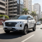 Hyundai Creta 2027 branco em movimento em uma rua urbana brasileira ensolarada