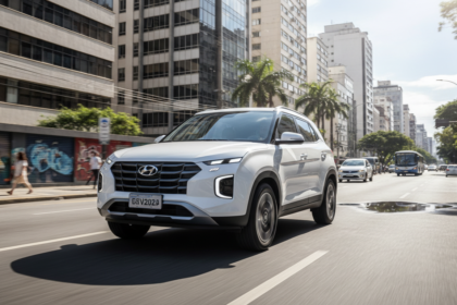 Hyundai Creta 2027 branco em movimento em uma rua urbana brasileira ensolarada