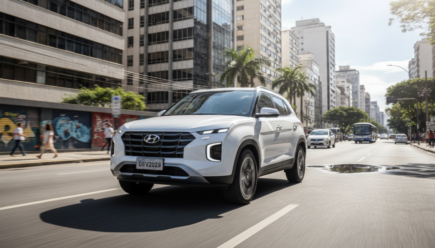 Hyundai Creta 2027 branco em movimento em uma rua urbana brasileira ensolarada