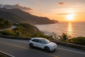 Hyundai Ioniq 9 branco em cenário brasileiro ao pôr do sol