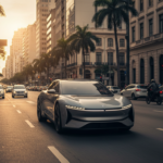 Carro elétrico chinês avançado circulando em cenário urbano brasileiro, destacando a integração de tecnologia e o futuro da mobilidade.