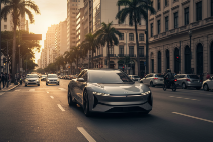 Carro el&eacute;trico chin&ecirc;s avan&ccedil;ado circulando em cen&aacute;rio urbano brasileiro, destacando a integra&ccedil;&atilde;o de tecnologia e o futuro da mobilidade.
