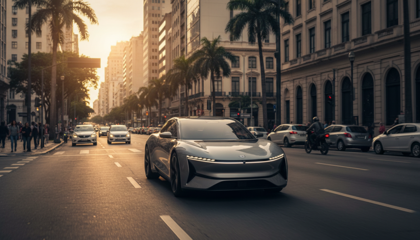 Carro elétrico chinês avançado circulando em cenário urbano brasileiro, destacando a integração de tecnologia e o futuro da mobilidade.