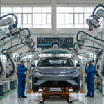 Linha de montagem de carros elétricos na China com foco em tecnologia de IA.