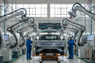 Linha de montagem de carros elétricos na China com foco em tecnologia de IA.