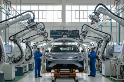 Linha de montagem de carros el&eacute;tricos na China com foco em tecnologia de IA.