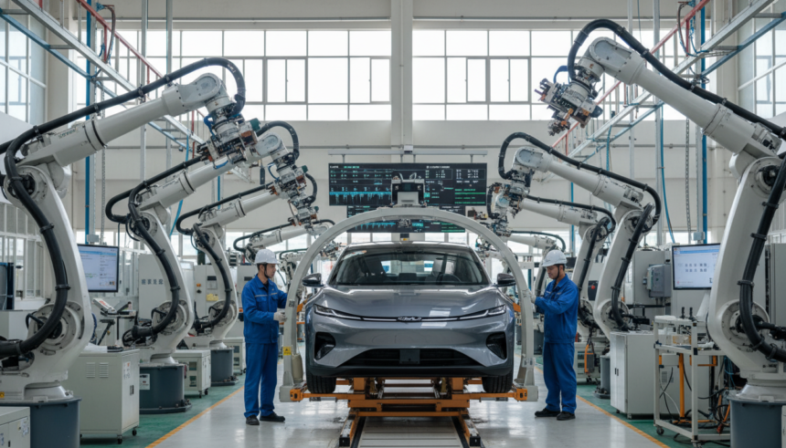Linha de montagem de carros elétricos na China com foco em tecnologia de IA.
