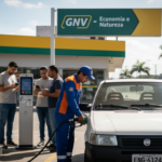 Veículo sendo abastecido com GNV em posto de gasolina, representando o tema IPVA 2026.