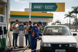 Veículo sendo abastecido com GNV em posto de gasolina, representando o tema IPVA 2026.