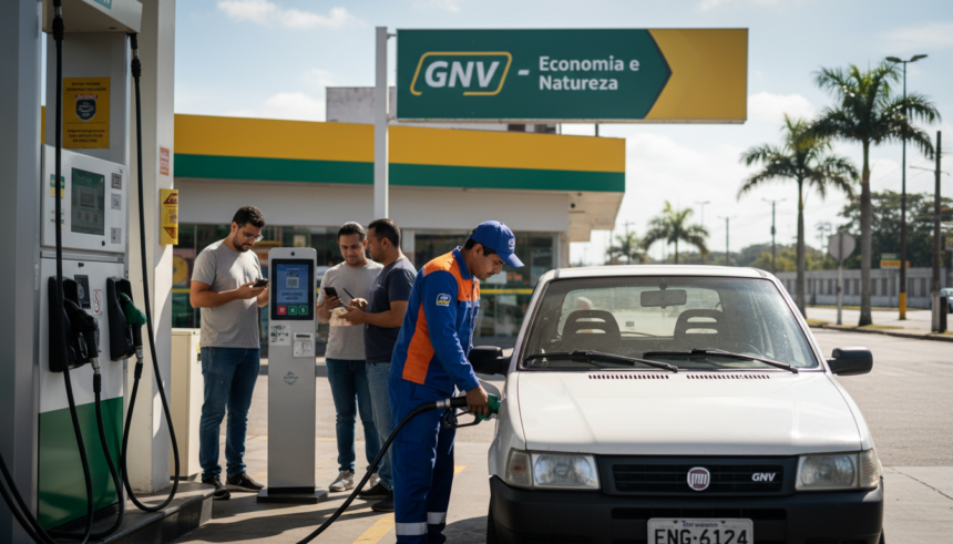 Veículo sendo abastecido com GNV em posto de gasolina, representando o tema IPVA 2026.