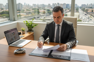 Advogado brasileiro analisando documentos de propriedade intelectual relacionados a nomes de carros elétricos.