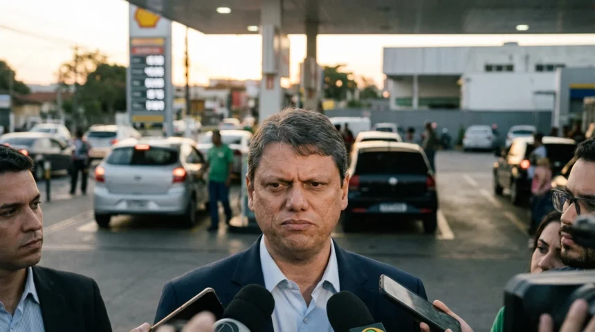 Político brasileiro Tarcísio diz que vai aderir à proposta de Lula durante coletiva ao lado de posto de gasolina
