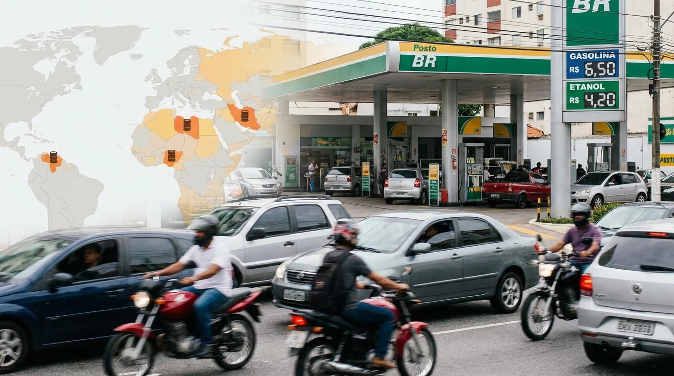 Fotojornalismo de rua brasileira com posto de gasolina e mapa mundial destacando gasolina mais barata mundo