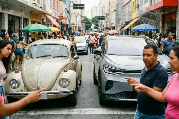 Foto de carros antigo e moderno lado a lado, com pessoas analisando e elementos de análise de mercado ao fundo, ilustrando como funciona tabela fipe.