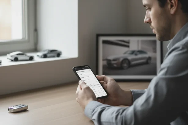 Pessoa usando dispositivo para consultar a tabela FIPE em ambiente urbano, foco em como consultar tabela FIPE