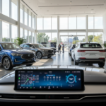 Showroom com SUVs chineses modernos em concessionária brasileira.