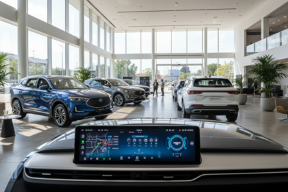 Showroom com SUVs chineses modernos em concession&aacute;ria brasileira.