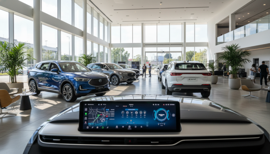 Showroom com SUVs chineses modernos em concessionária brasileira.