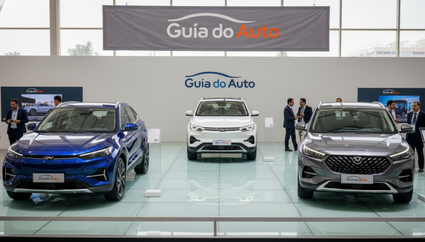 Três SUVs de marcas chinesas expostos em um salão automotivo no Brasil em 2026, destacando tecnologia e design.