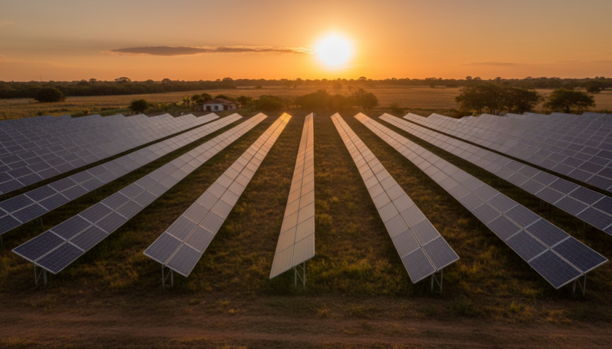 Medo de painel solar causa proibições nos EUA; especialistas alertam para desinformação 1 Painéis de energia solar instalados em uma fazenda sob a luz do pôr do sol.