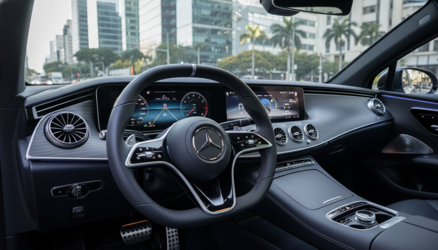 Volante digital futurista do Mercedes-Benz EQS com giro de 180 graus