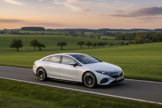 Protótipo Mercedes-Benz EQS percorrendo uma estrada na Alemanha com bateria de estado sólido.