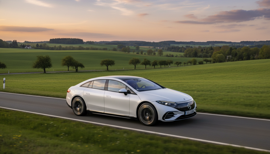 Protótipo Mercedes-Benz EQS percorrendo uma estrada na Alemanha com bateria de estado sólido.