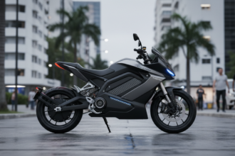 Motocicleta elétrica futurista com bateria de estado sólido estacionada em rua brasileira.
