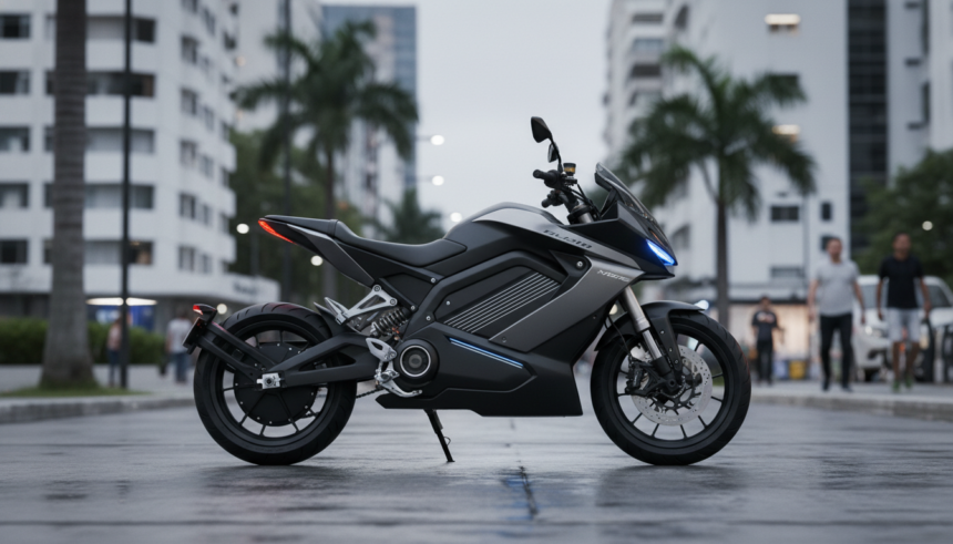 Motocicleta elétrica futurista com bateria de estado sólido estacionada em rua brasileira.