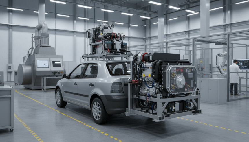 Sistema híbrido compacto X-Range C15 Direct Drive instalado na traseira de um veículo.