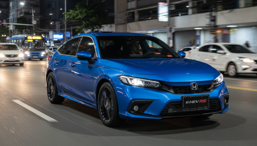 Novo Honda Civic e:HEV RS híbrido em movimento em rua urbana brasileira