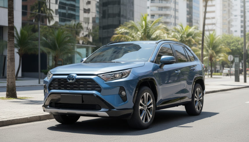 Novo Toyota RAV4 híbrido HEV estacionado em rua urbana brasileira com luz natural.
