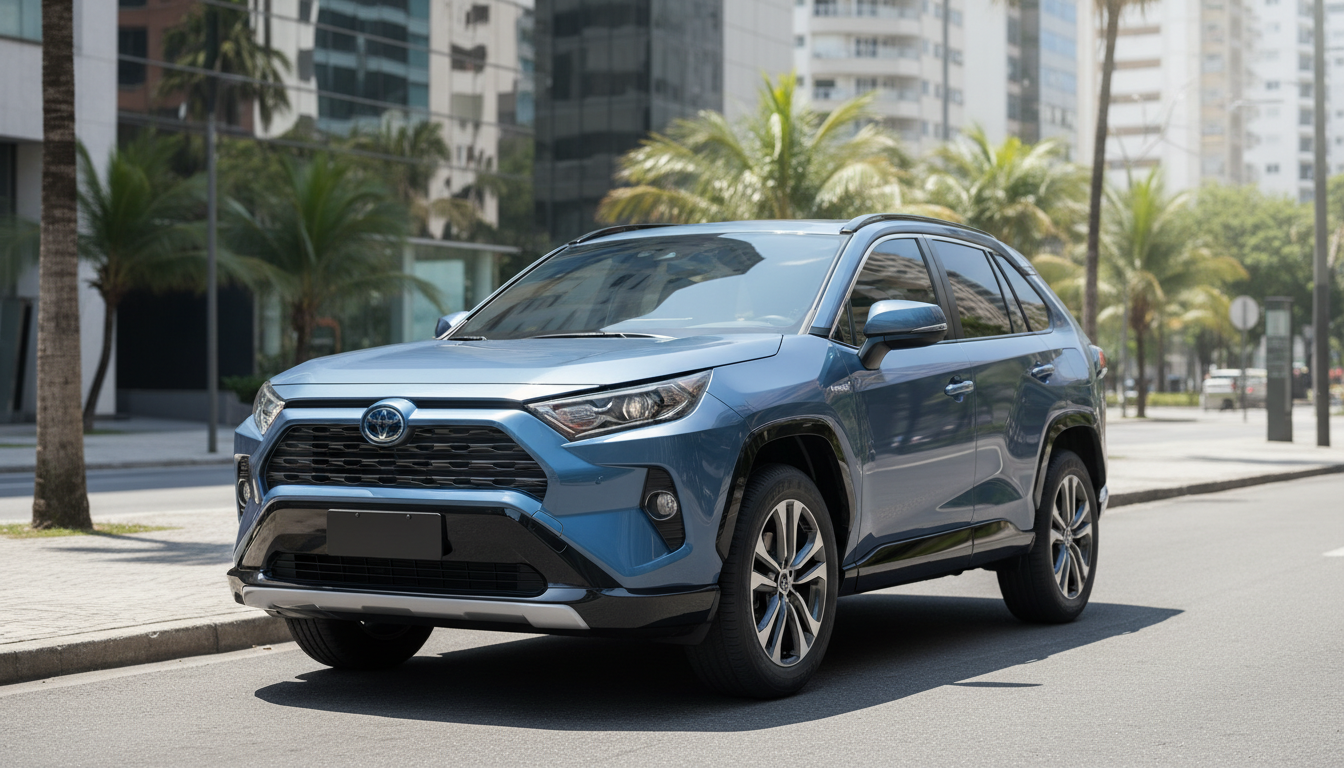 Novo Toyota RAV4 híbrido HEV estacionado em rua urbana brasileira com luz natural.