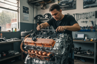 Motor V6 3.0 compacto da Horse Powertrain em um ambiente de oficina