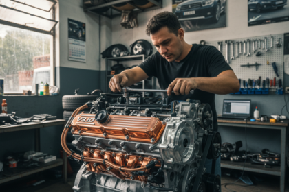 Motor V6 3.0 compacto da Horse Powertrain em um ambiente de oficina