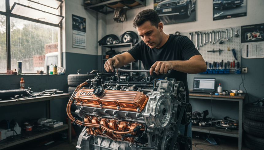 Motor V6 3.0 compacto da Horse Powertrain em um ambiente de oficina