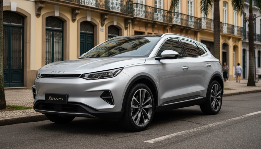 Omoda 4, um SUV de porte médio com design moderno, em cenário urbano brasileiro.