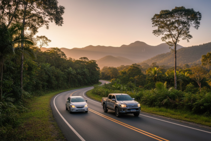 Estrada brasileira em paisagem natural, com ve&iacute;culos em movimento ao amanhecer, simbolizando a jornada e a conex&atilde;o com o meio ambiente.