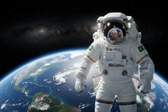 Astronauta observando a Terra do espaço, com destaque para a fragilidade do planeta e a beleza da atmosfera.